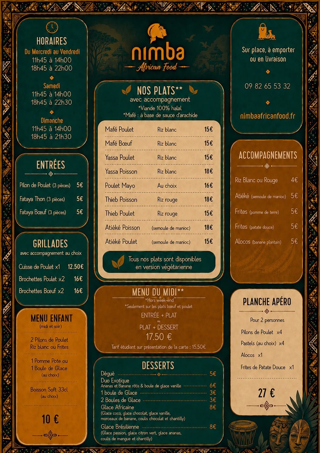 Nimba Pontivy - Carte des plats