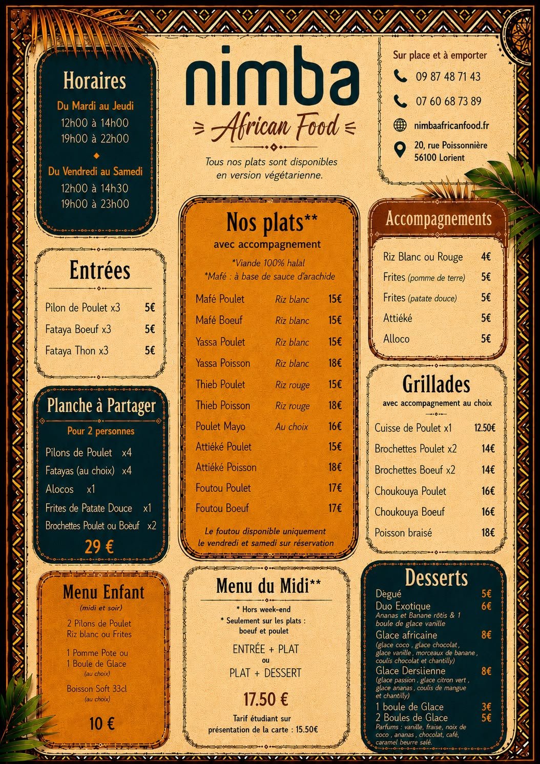 Nimba Lorient - Carte des plats